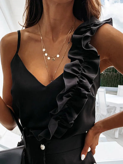 Women's Summer V Neck Ruffle Blouse Sleeveless Office Wear
