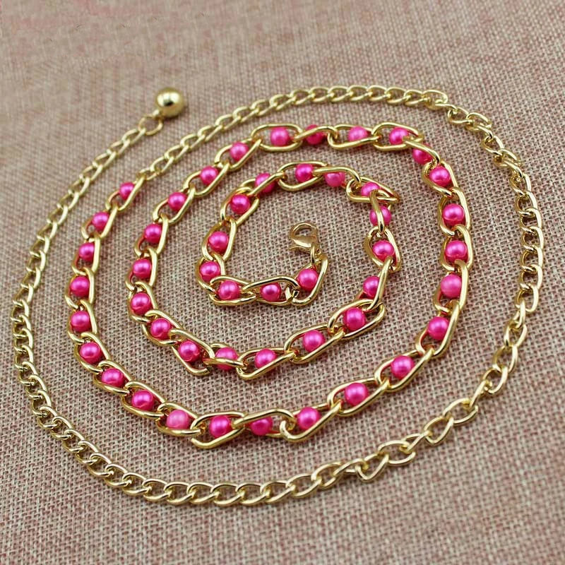Women Pearl Thin Metal Waist Chain Belt Versatile Fashion