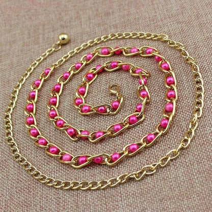 Women Pearl Thin Metal Waist Chain Belt Versatile Fashion