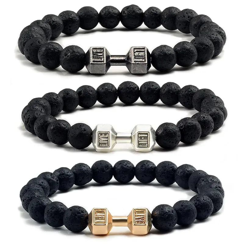 Unisex Volcanic Lava Stone Dumbbell Bracelet for Fitness and Fashion