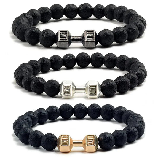 Unisex Volcanic Lava Stone Dumbbell Bracelet for Fitness and Fashion