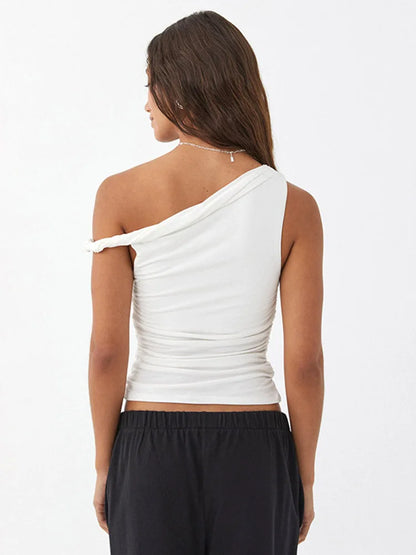 Off Shoulder Ruched Crop Top Women Summer Tank Solid Color