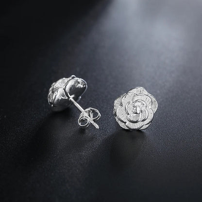 925 Sterling Silver Rose Flower Stud Earrings for Women Fashion Wedding Jewelry
