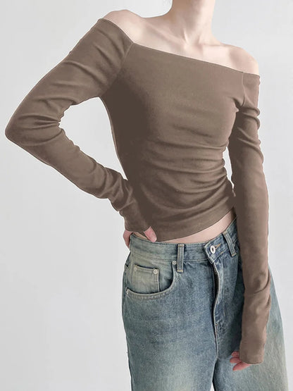 Korean Black Slash Neck Slim Cropped Long Sleeve Top