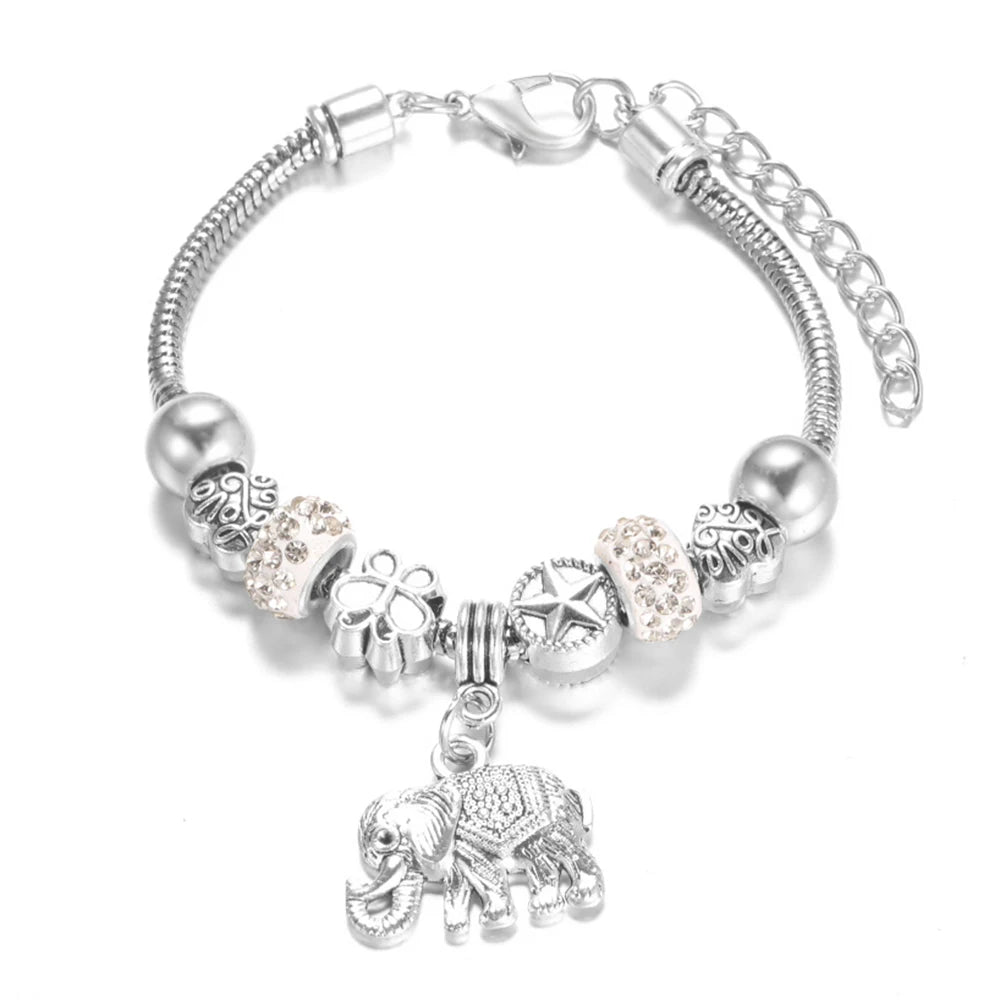 Elegant Heart Lock Charm Beaded Bangle Adjustable Snake Chain Bracelet for Women