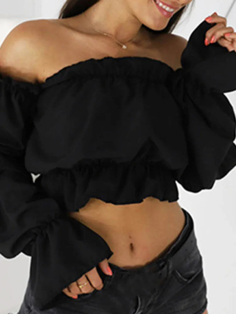 Candy Color Off Shoulder Crop Top Dot Print Lantern Sleeves