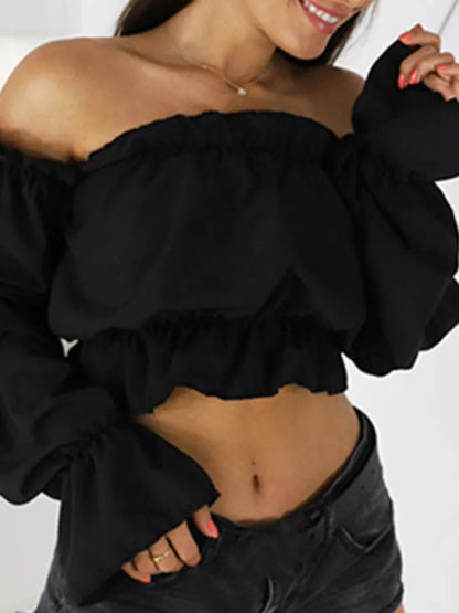 Candy Color Off Shoulder Crop Top Dot Print Lantern Sleeves