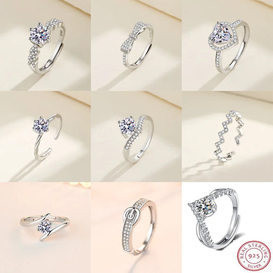 Elegant 925 Sterling Silver Heart Zircon Adjustable Ring for Women