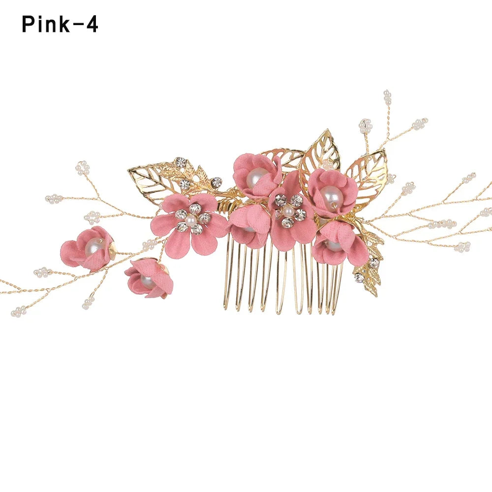 Luxury Crystal Crown Hair Combs - Elegant Bridal Clips with Leaf Design pink 1