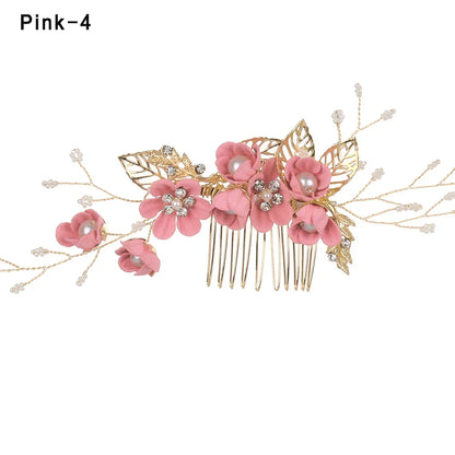 Luxury Crystal Crown Hair Combs - Elegant Bridal Clips with Leaf Design pink 1