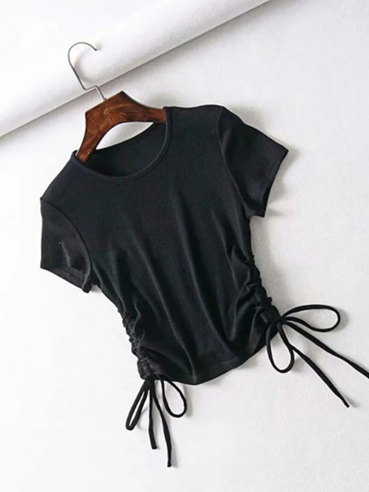 Sexy Side Drawstring Ruched Tank Knit Crop Tees Women 2024