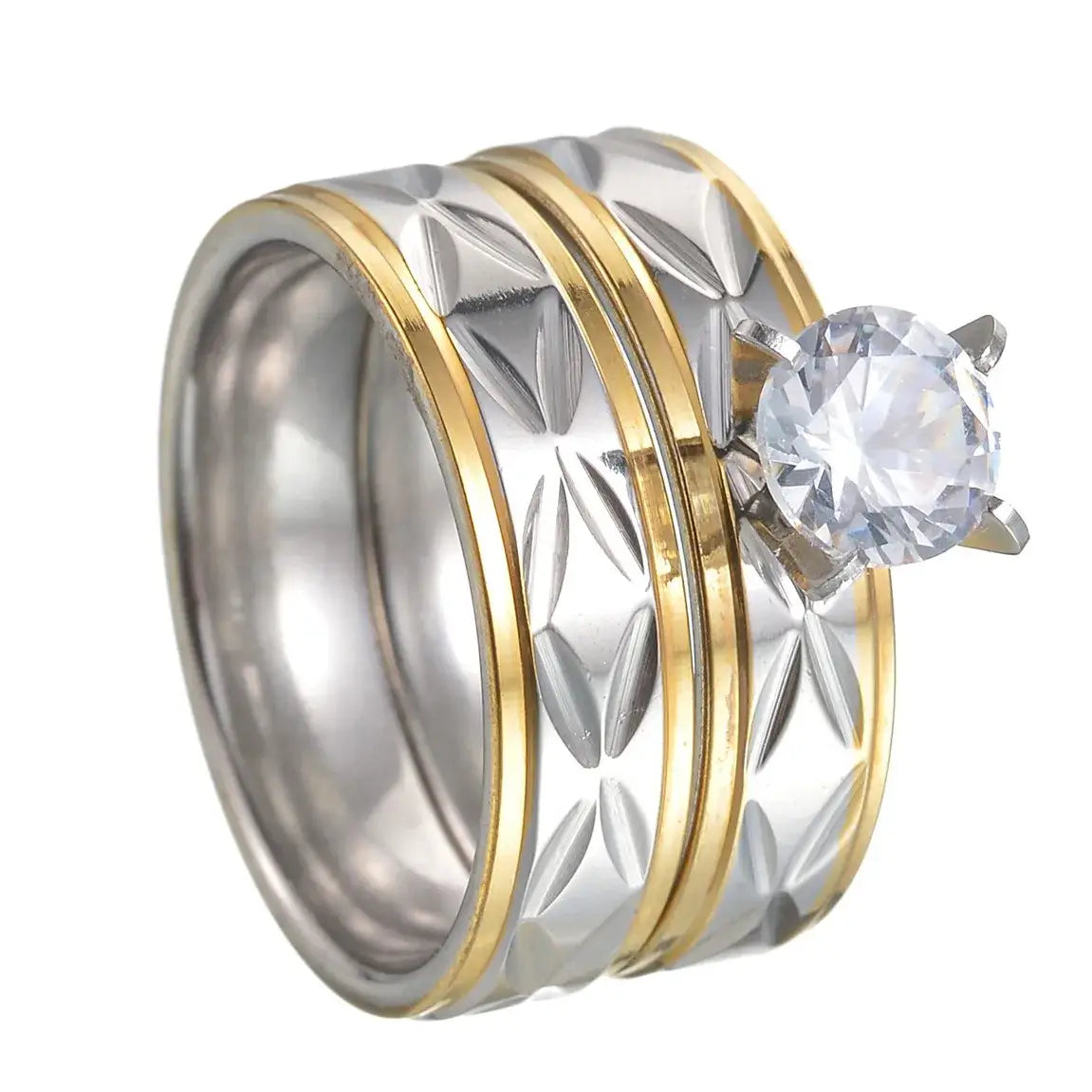 MeMolissa Luxury Clear Stone Crystal Wedding Rings Gold Plated Stainless Steel Jewelry 128R3