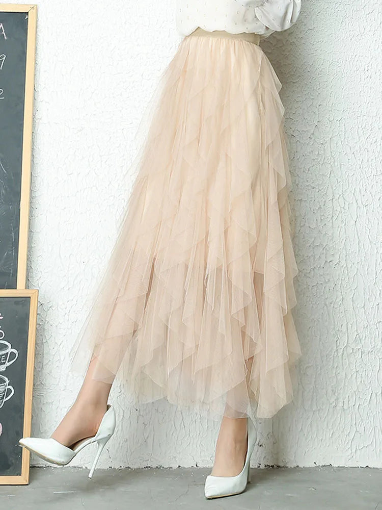 Korean Style Tutu Tulle Long Maxi Skirt For Women High Waist