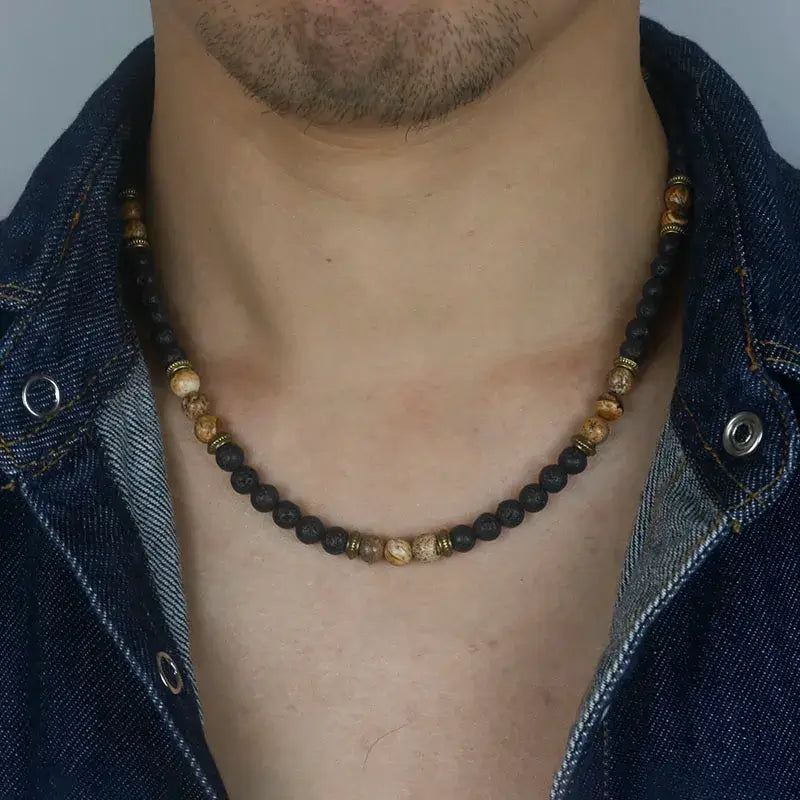 6mm Vintage Rustic Men Beaded Necklace Natural Lava Stone Choker Necklace Unisex Gift