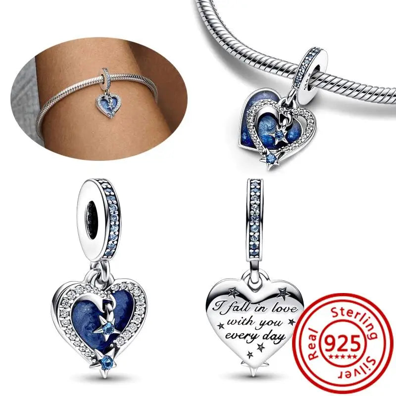 925 Sterling Silver Blue Zircon Feather Crown Stars Moon Charm Beads for Bracelet H160 3mm-4mm