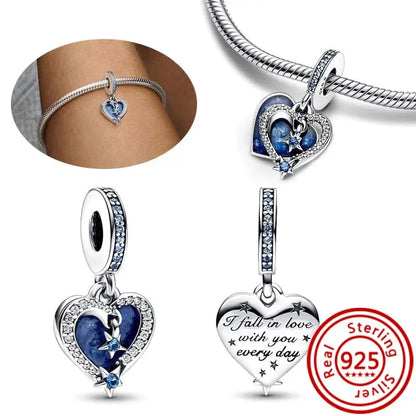 925 Sterling Silver Blue Zircon Feather Crown Stars Moon Charm Beads for Bracelet H160 3mm-4mm
