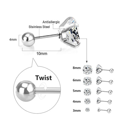 LUXUSTEEL Men's Crystal Zircon Stud Earrings 316L Stainless Steel Anti Allergic Cartilage Piercing 3-8mm