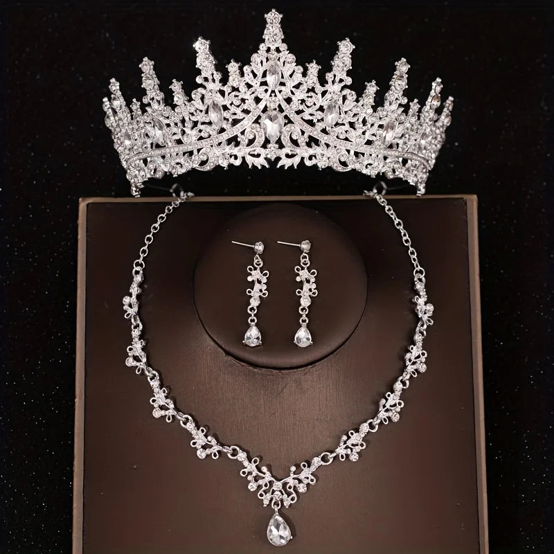 Bridal Elegance: Luxury Silver Crystal Water Drop Tiara & Jewelry Set - 4 Pcs