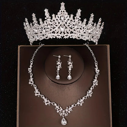 Bridal Elegance: Luxury Silver Crystal Water Drop Tiara & Jewelry Set - 4 Pcs