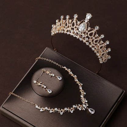 Itacazzo Gold Bridal Headwear Set with Crown, Necklace, and Earrings for Women