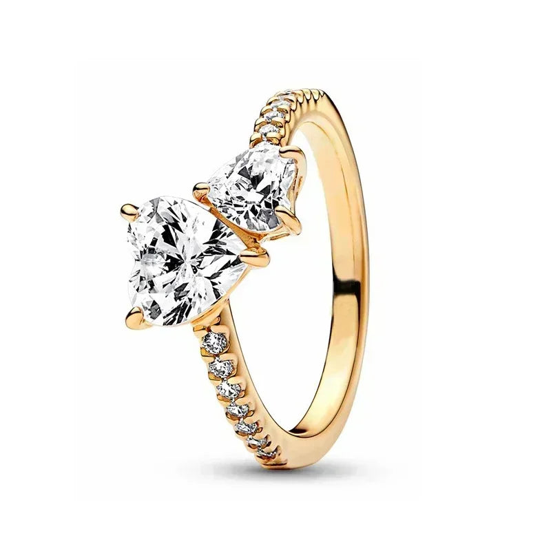 Elegant Gold Tone 925 Sterling Silver Heart Crown Ring for Women clear