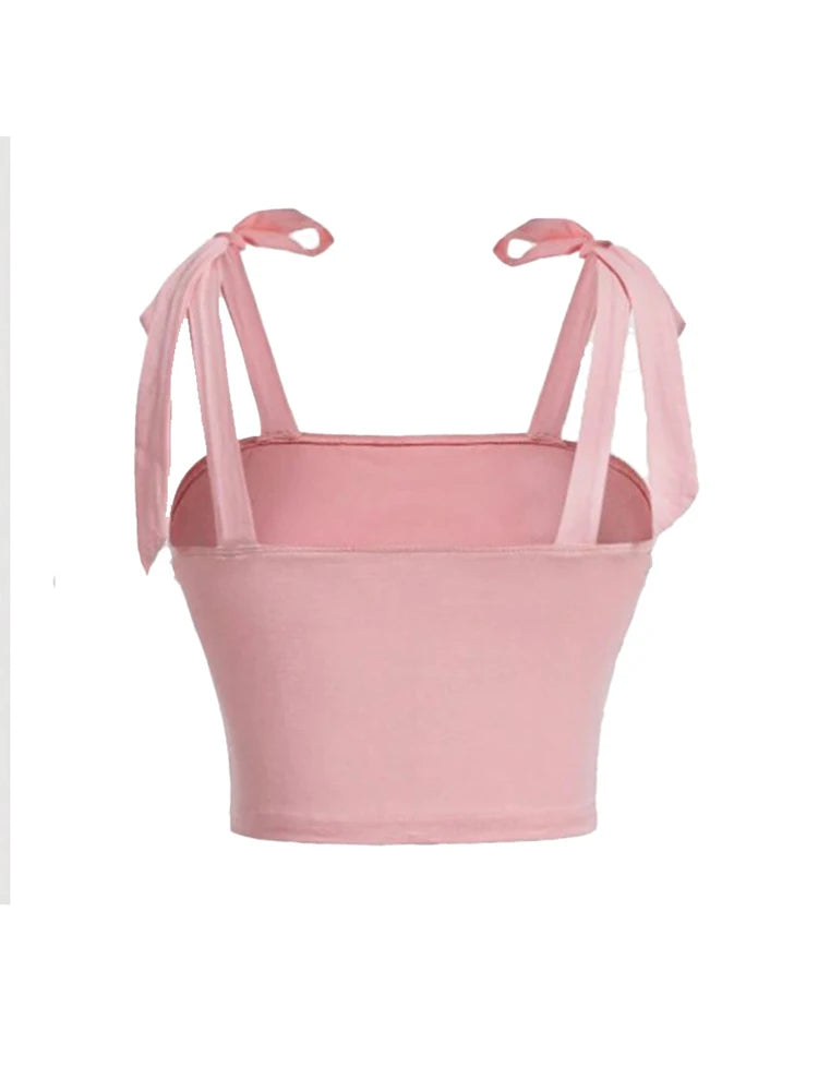 Pink Ruched Tie Shoulder Wide Strap Backless Crop Top