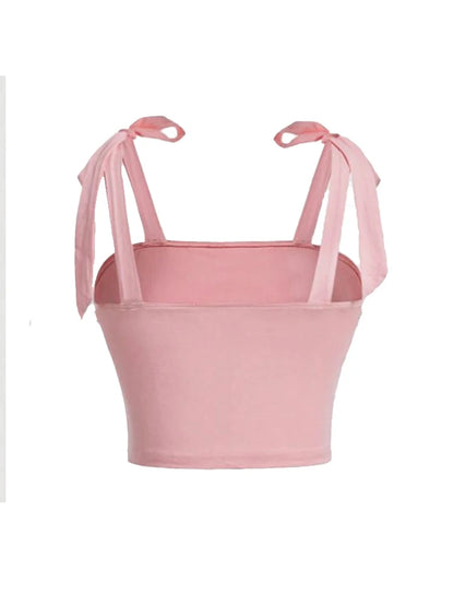 Pink Ruched Tie Shoulder Wide Strap Backless Crop Top