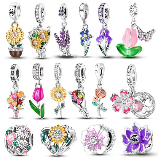 925 Silver Flower Charms Sunflower Tulip Pendants for Bracelet Jewelry Making