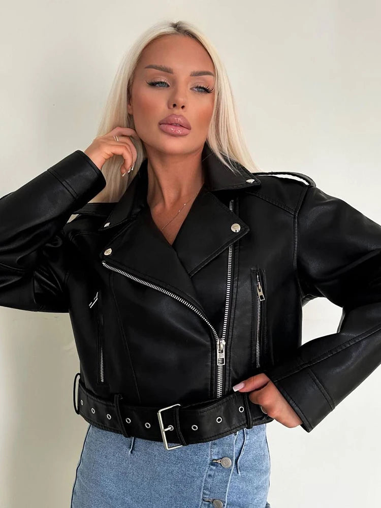 Women Vintage Faux Leather Moto Jacket With Belt Detail