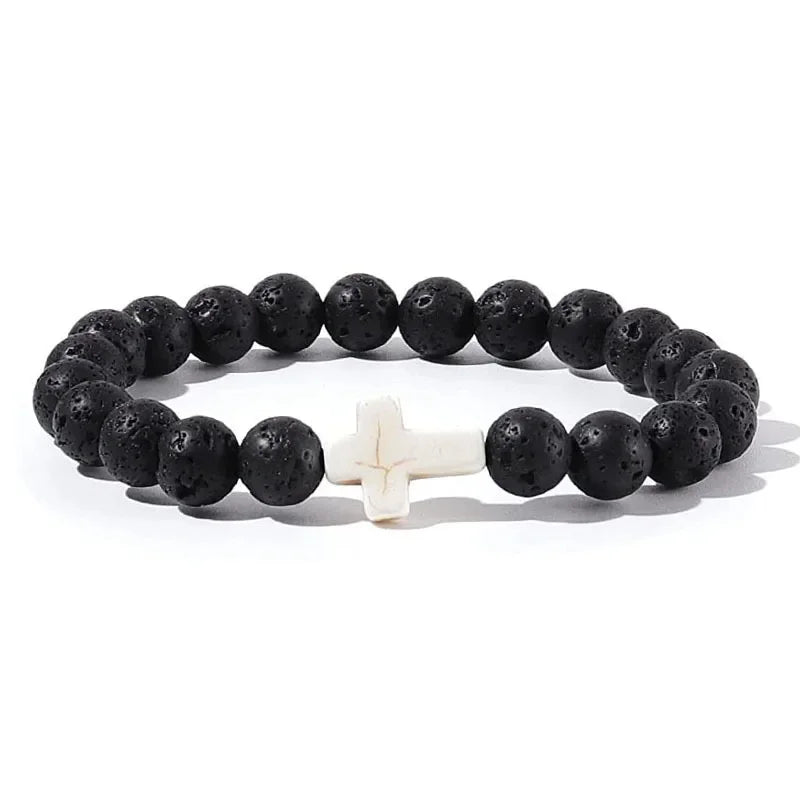 Men's Hematite Cross Bracelet with Natural Stone and Wood Beads for Meditation and Yoga Lava White Cross