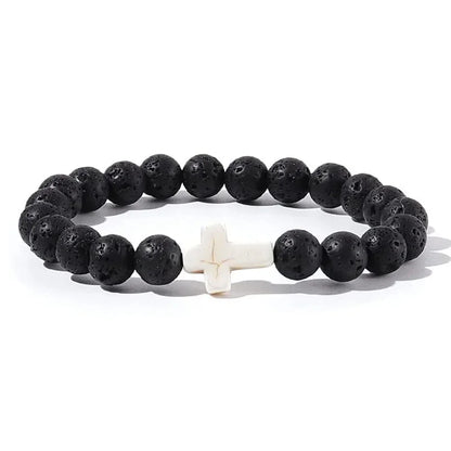 Men's Hematite Cross Bracelet with Natural Stone and Wood Beads for Meditation and Yoga Lava White Cross