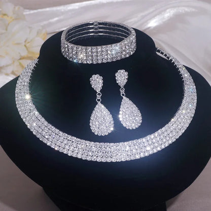 Luxury Round Rhinestone Jewelry Set for Women Classic Silver Necklace Bracelet and Earring Bridal Wedding Accessories