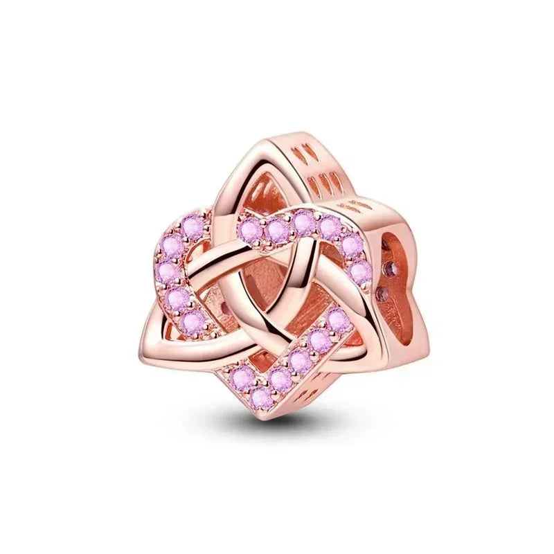 Sterling Silver Pink Blossom Dangle Charm with Butterfly Heart Flower Rose and Bird Bead for DIY Necklace and Bracelet Jewelry