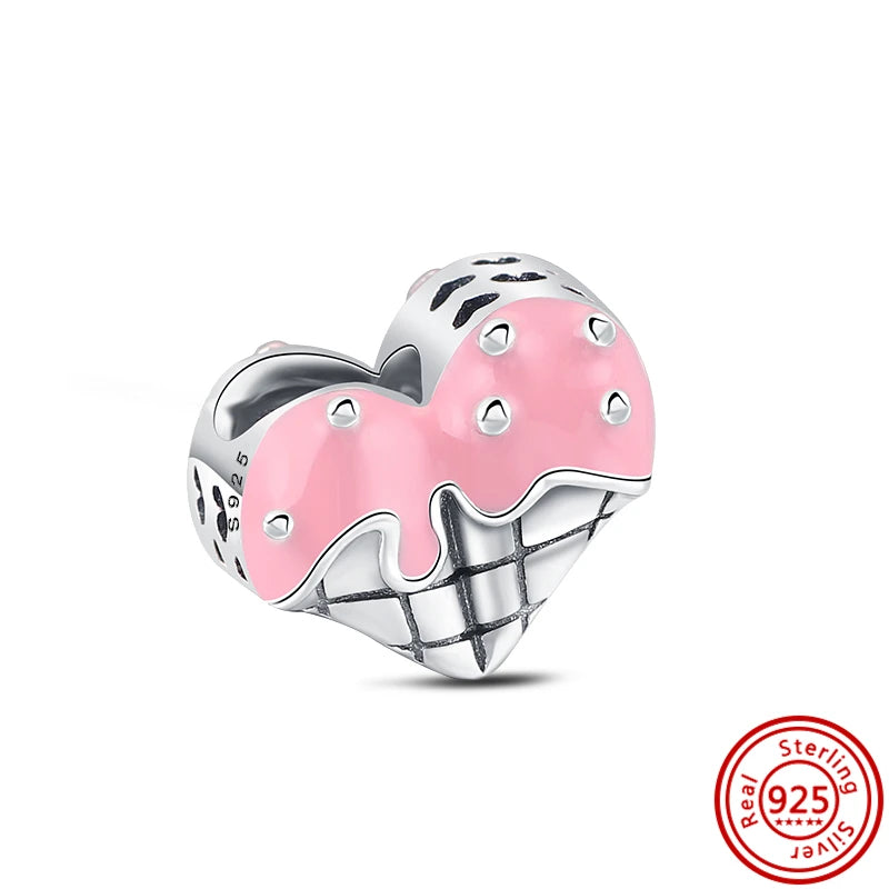 Springtime 925 Silver Pink Flower Ice Cream Charm Pendant for DIY Bracelets N655