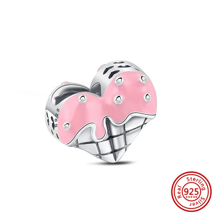 Springtime 925 Silver Pink Flower Ice Cream Charm Pendant for DIY Bracelets N655