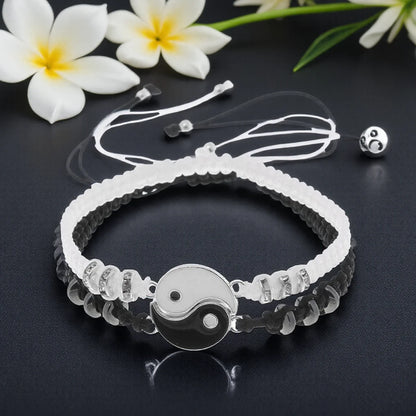 Adjustable Yin Yang Friendship Bracelets Set for Men and Women - Black and White Cord Couple Jewelry Gift