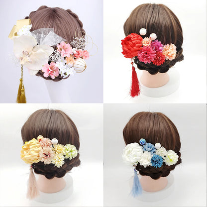 Japanese Handmade Fabric Flower Kimono Hairpin with Tassel for Weddings and Festivals
