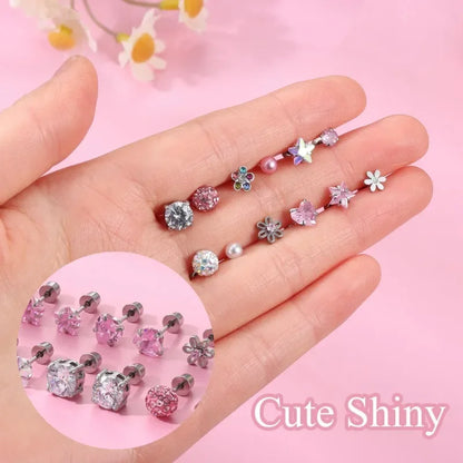 Trendy Pink Flower Heart Screw Stud Earrings Set for Women Fashion Jewelry
