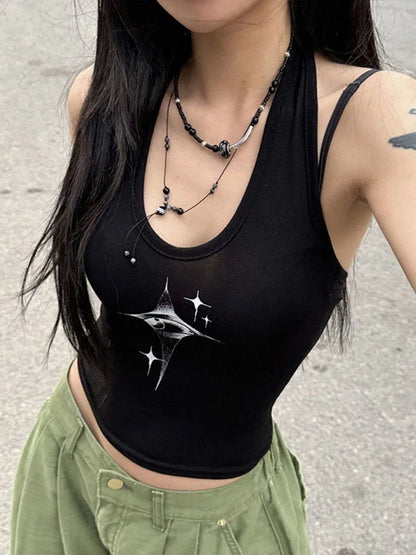 Y2K Devil Eyes Retro Print Hanging Neck Suspender Vest Top