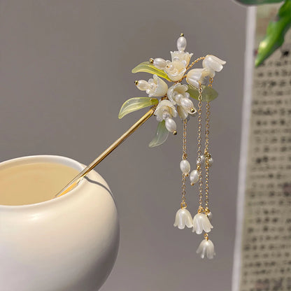 Elegant Gold Red Floral Pearl Long Tassel Hairpins Bridal Chinese Wedding Headpiece