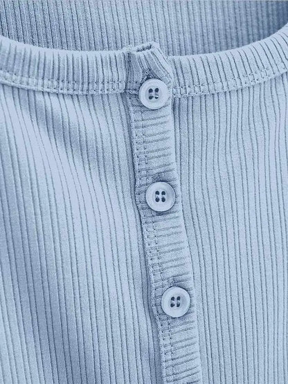 Women Ribbed Button Through Short Sleeve Slim Jersey Top
