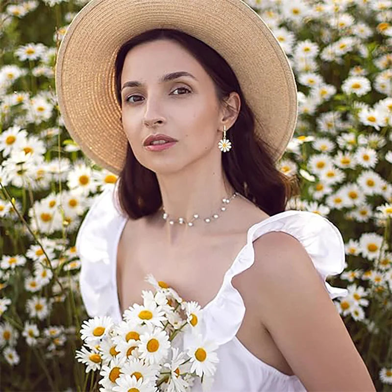 Vintage Daisy Flower Hoop Earrings with Delicate Enamel Sunflower Pendant for Women and Girls Summer Jewelry