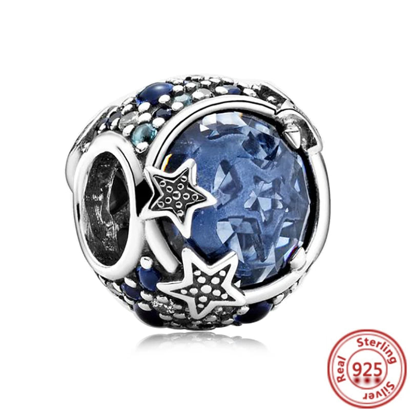 Sterling Silver Blue Zircon Feather Crown Moon Pendant Charm Bracelet Beads Y163 3mm-4mm