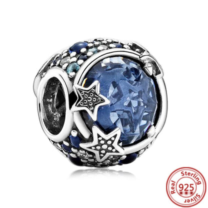 Sterling Silver Blue Zircon Feather Crown Moon Pendant Charm Bracelet Beads Y163 3mm-4mm