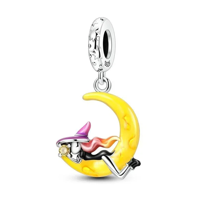 925 Sterling Silver Halloween Charms Set Pumpkin Skull Witch Ghost Beads for Bracelet Necklace Jewelry
