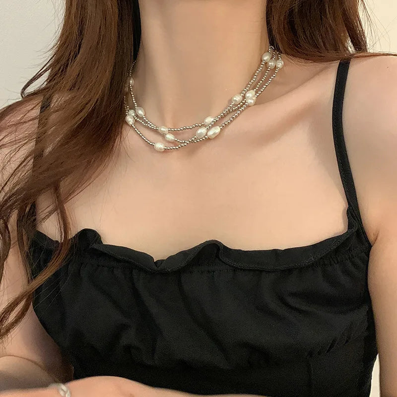 100 Percent Natural Baroque Freshwater Pearl Trendy Stainless Steel Three Layer Chains Necklace for Women Gifts