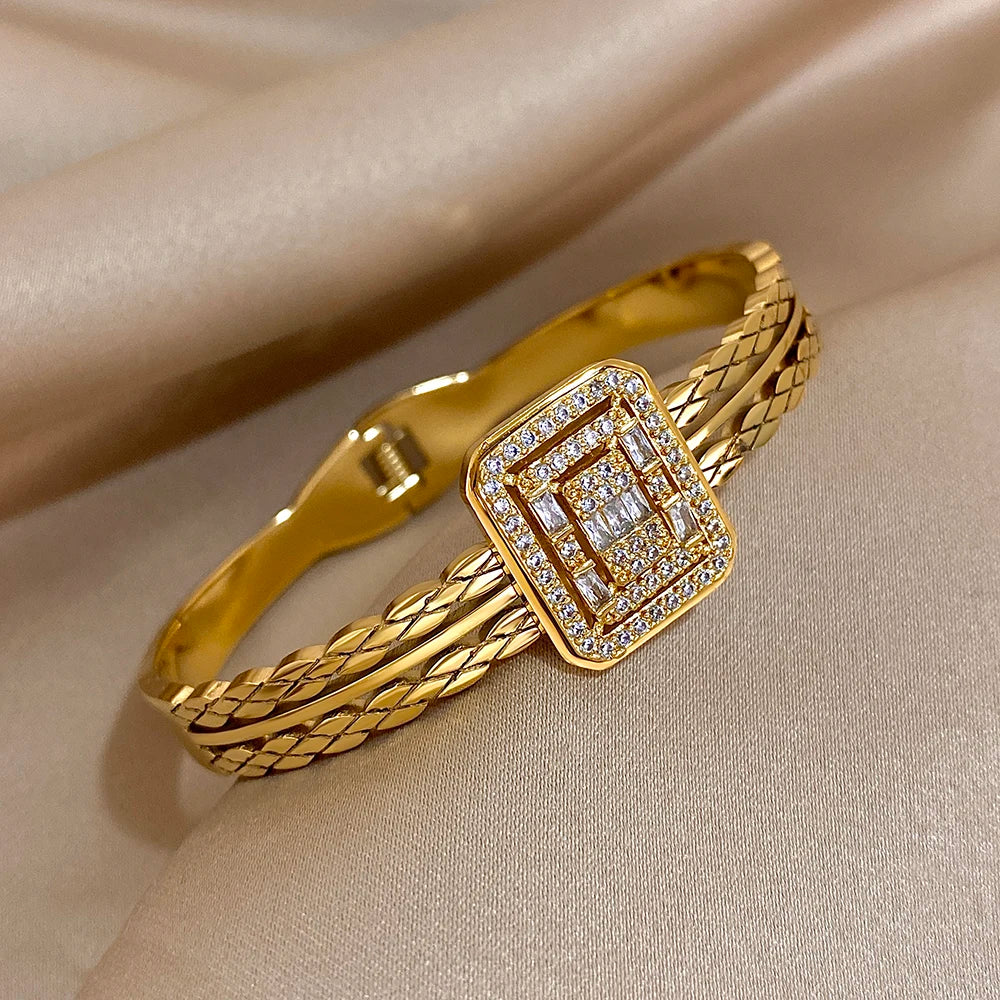Square Stainless Steel Bangle Bracelet with Rhinestones for Women Cuff Fashion Waterproof Jewelry Gifts