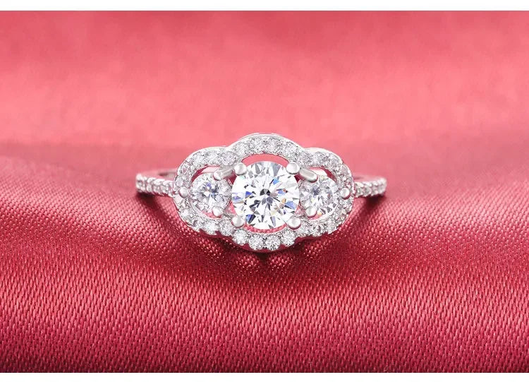 Elegant Silver Designer Engagement Ring with Triple Zircon Stones for Women