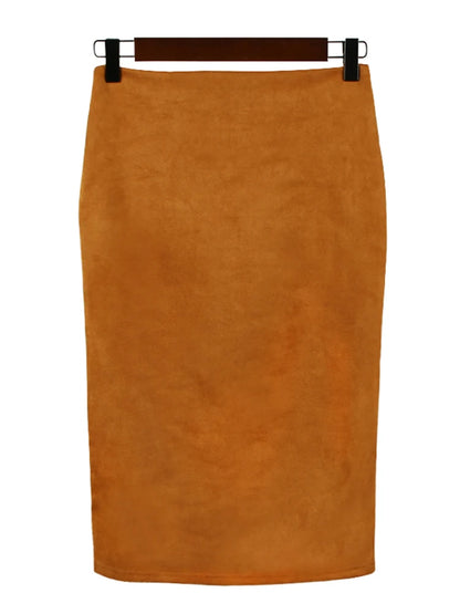 Multicolor Suede Midi Pencil Skirt Women High Waist Bodycon
