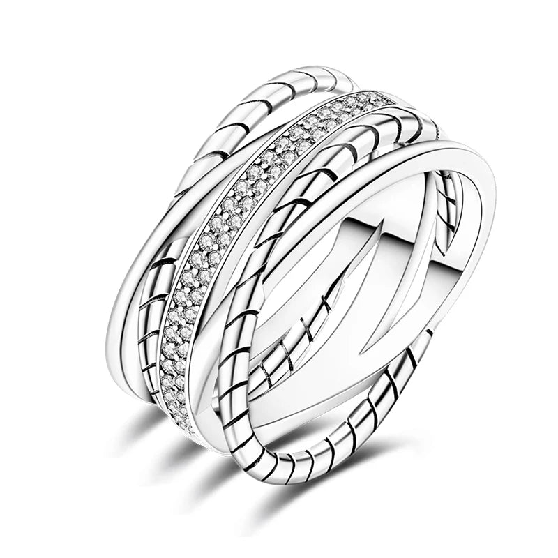 Women's Classic Geometric 925 Sterling Silver Ring with Overlapping Zircon KJR281